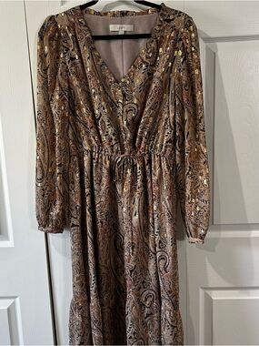 LOFT Shimmer Gold Brown Paisley Long Sleeve V-Neck Tie Waist Midi Dress